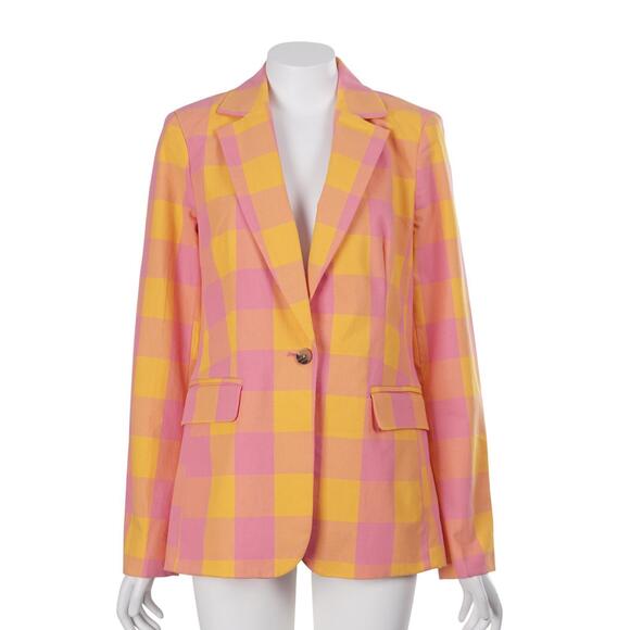 Free Assembly Jackets & Blazers - Free Assembly Blazer S Pink Yellow Gingham Check Colorful 1-Button Jacket